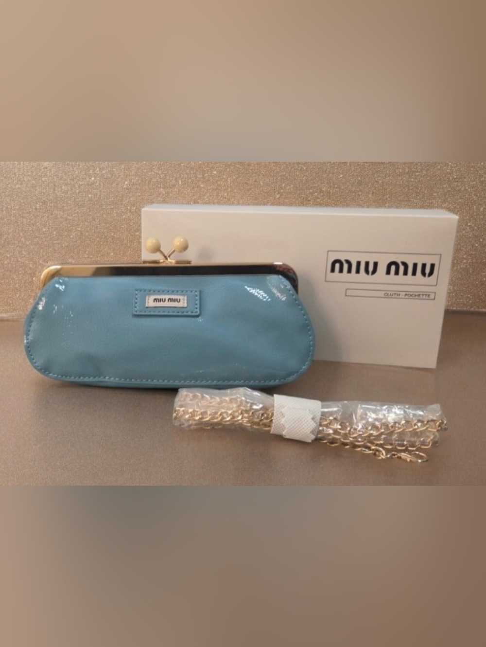 Miu Miu Blue Kisslock Clutch/Crossbody/Cosmetic Bag with Gold Chain